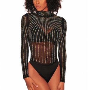 Sexy Rhinestone Studded Mock Neck Bodysuit
